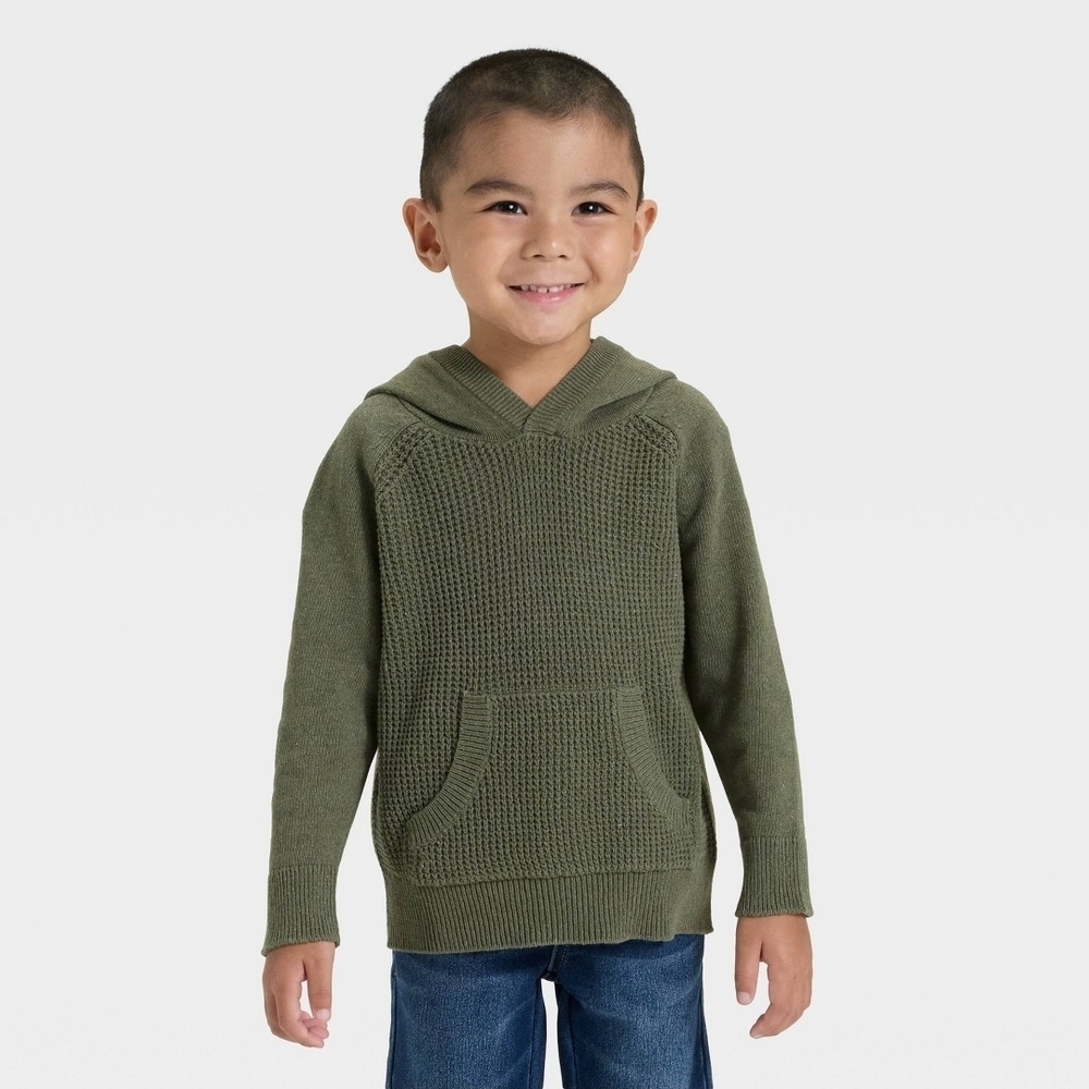 Cat & Jack - Olive Green Waffle Knit Toddler Hoodie Sweater